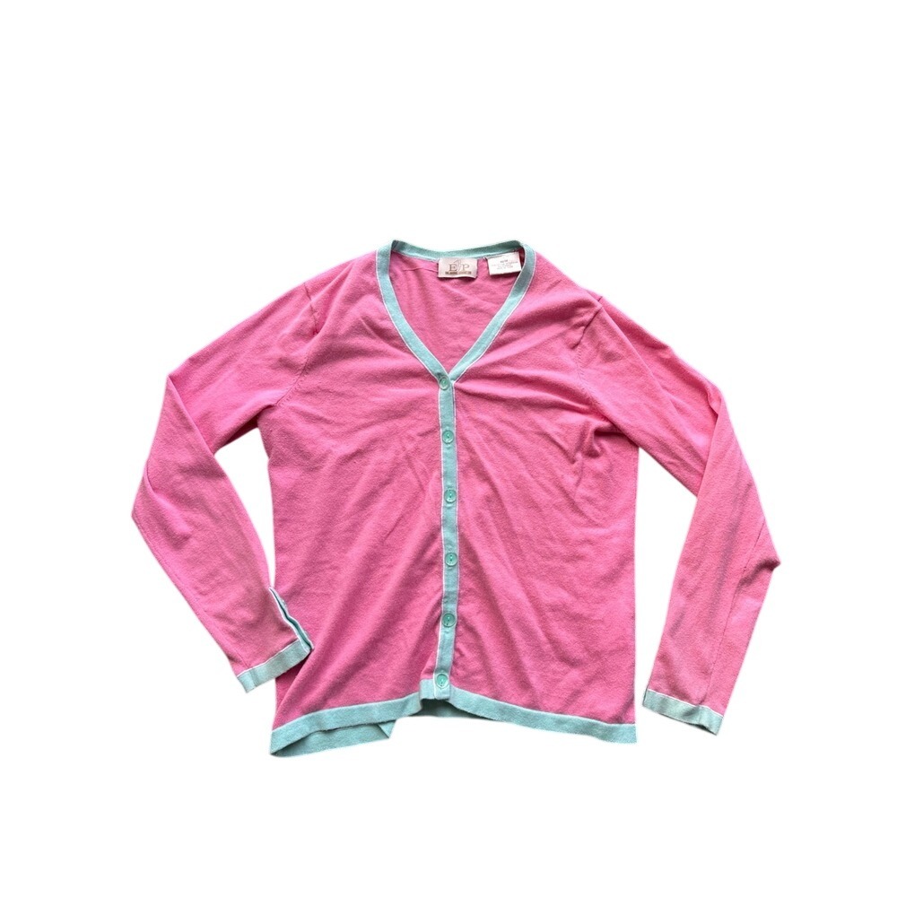 EP Pro Pink Mint Green Trim V-Neck Golf Cardigan Sweater Womens Medium